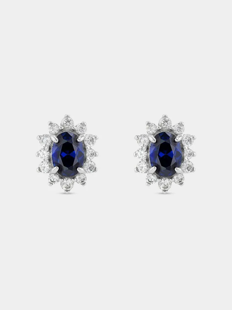 Sterling Silver Blue Cubic Zirconia Oval Halo Stud Earrings