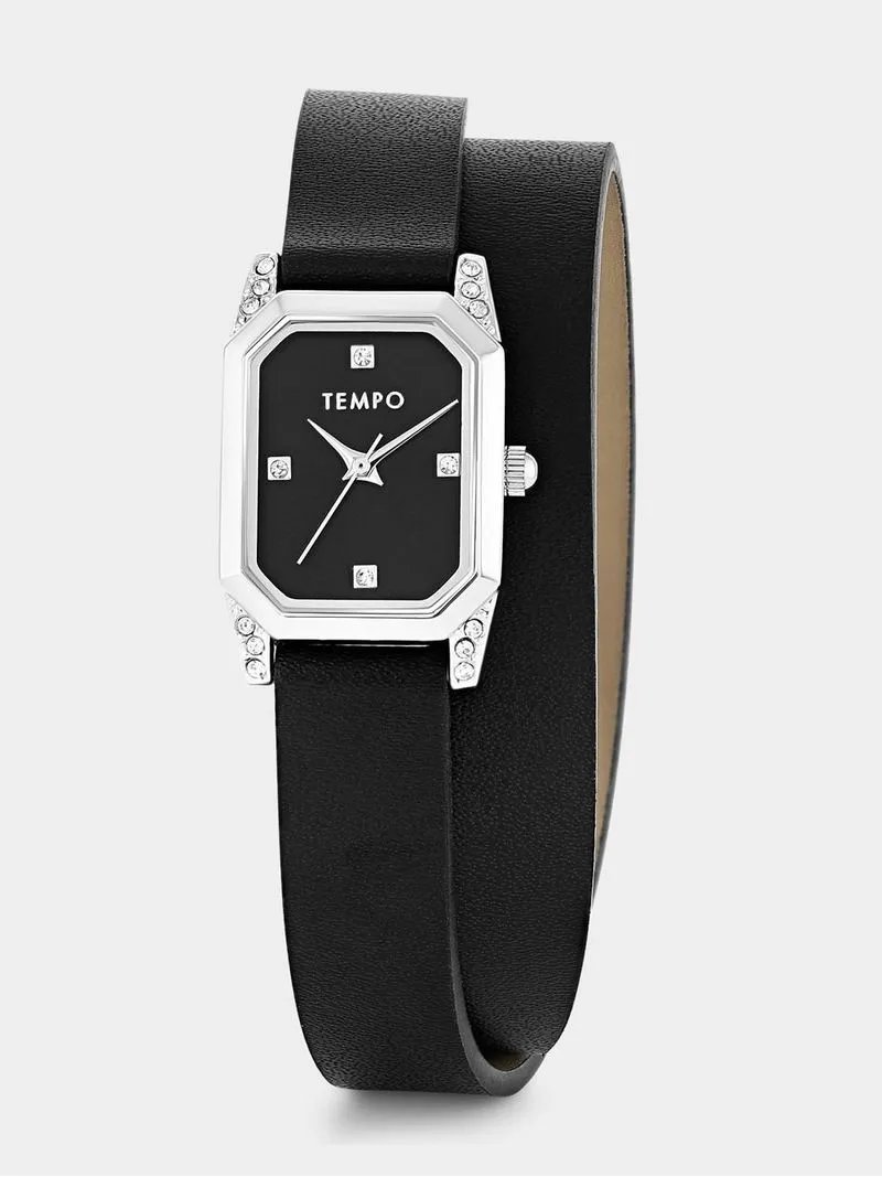 Tempo Silver Plated Black Rectangle Dial Black Leather Wrap Watch