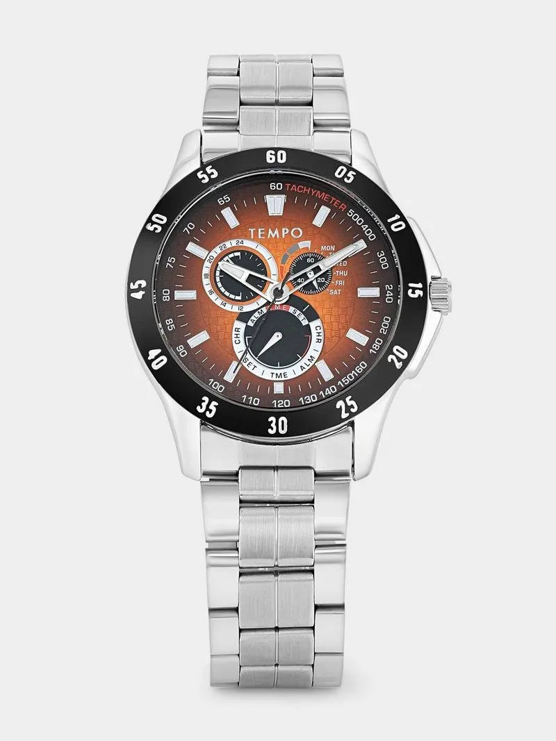 Tempo Silver Plated Orange & Black Dial Bracelet Watch