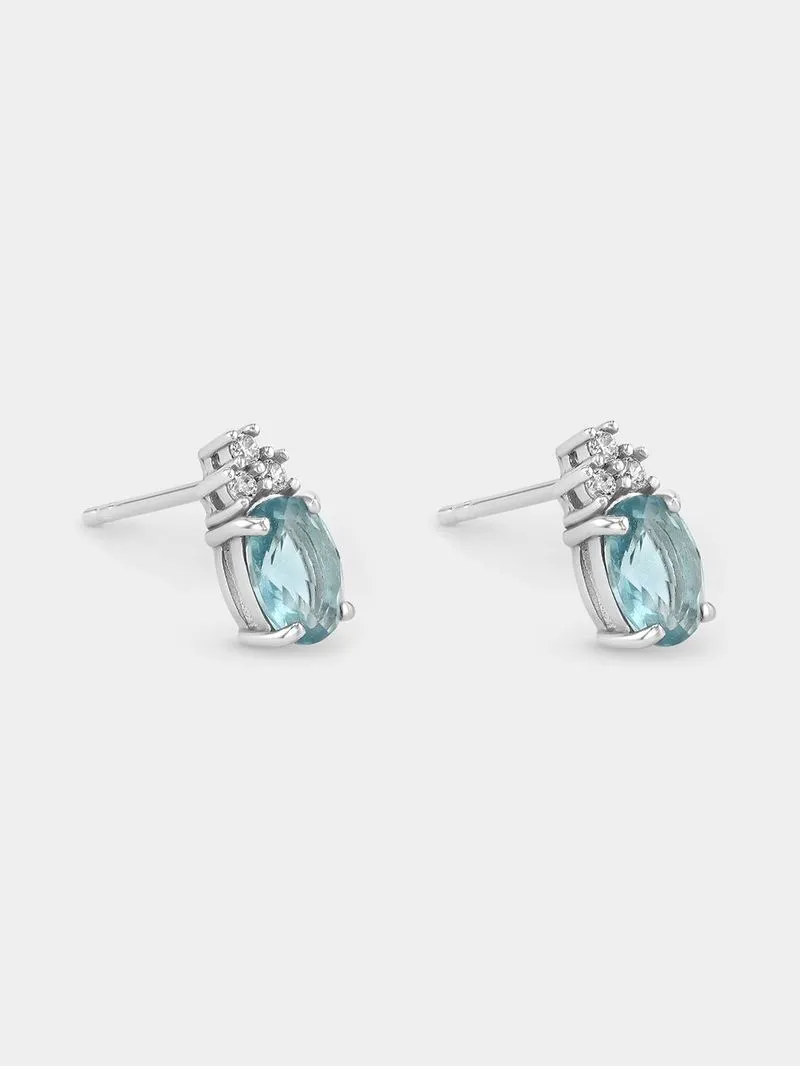 Sterling Silver Aquamarine Cubic Zirconia Oval Trio Stud Earrings