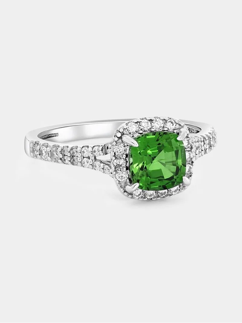 White Gold Lab Grown Emerald & Moissanite Women’s Cushion Halo Ring