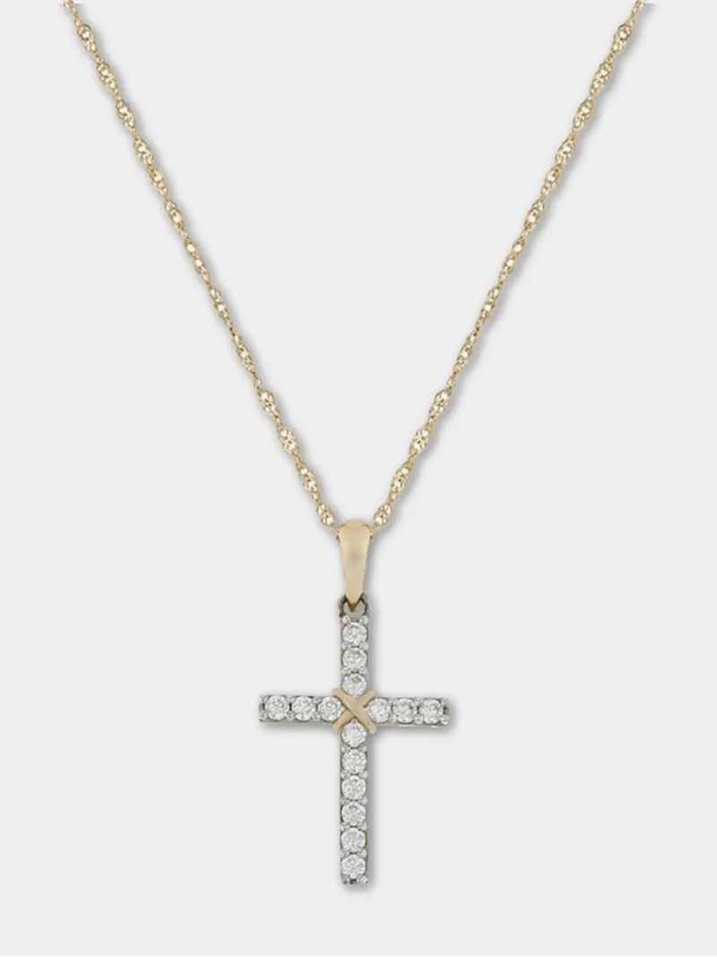 Yellow Gold & Sterling Silver, , Cubic Zirconia Cross on a chain.