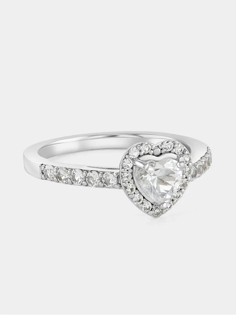 Sterling Silver Diamond & Created Sapphire Heart Halo Ring