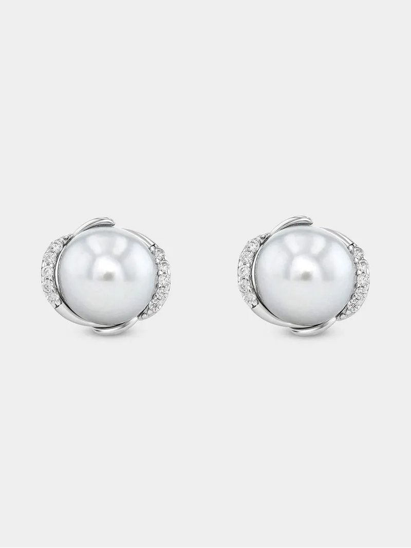 Sterling Silver Grey Freshwater Pearl Lily Pad Stud Earrings