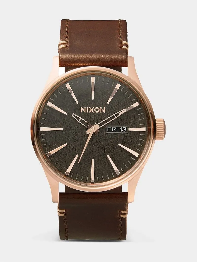 Nixon Men's Sentry Leather Rose Gold Plated, Gunmetal & Brown Stainless Steel Watch