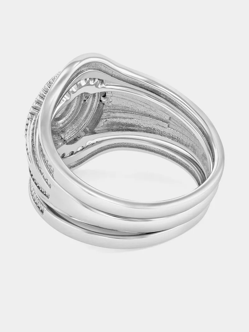 Yellow Gold & Sterling Silver Diamond & Created Sapphire Oval Halo Triple Set Ring