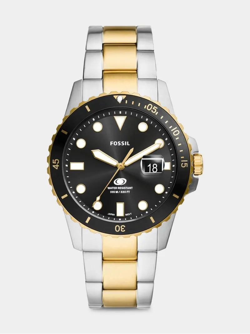 Fossil Blue Stainless Steel & Gold Plated Black Dial Bracelet Watch