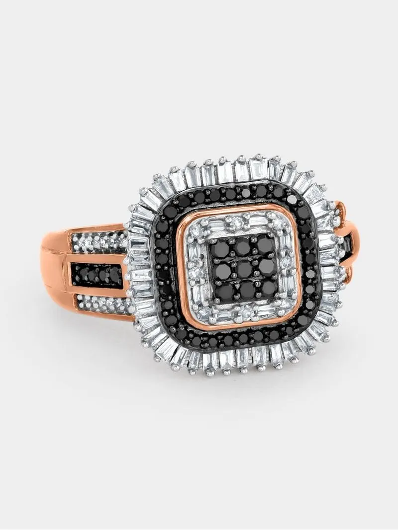 Rose Gold 0.50ct Black & White Diamond Cushion Baguette Halo Women’s Ring