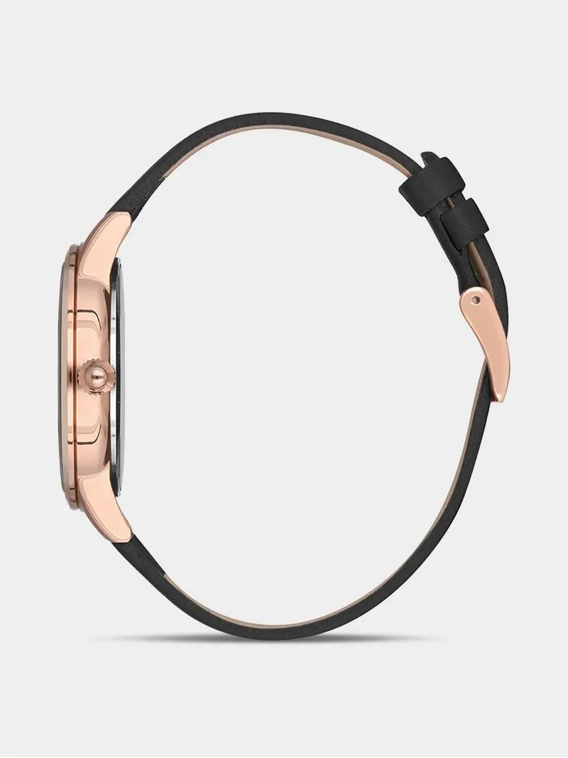 Daniel Klein Rose Plated Black Dial Black Leather Watch