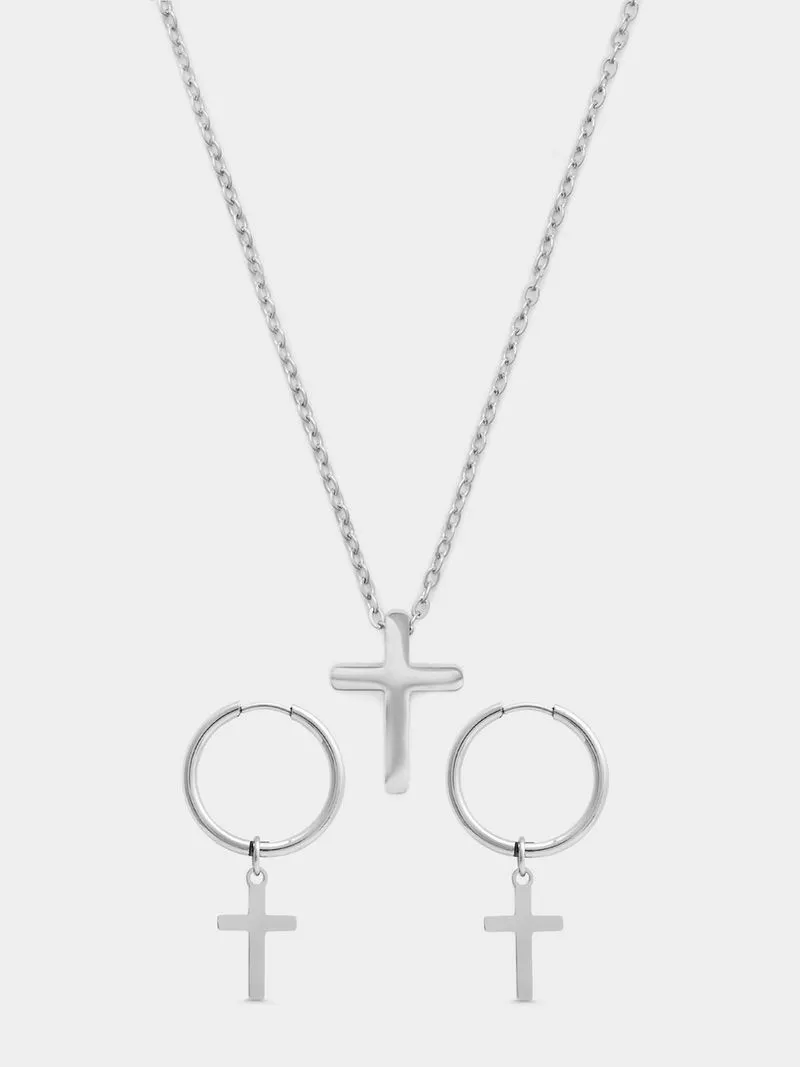 Stainless Steel Cross Pendant & Cross Charm Hoop Set