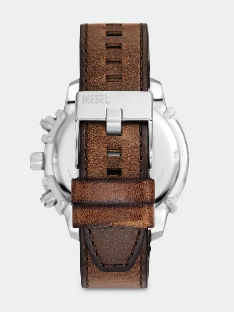 Diesel Griffed Blue Dial Brown Leather Chronograph Watch