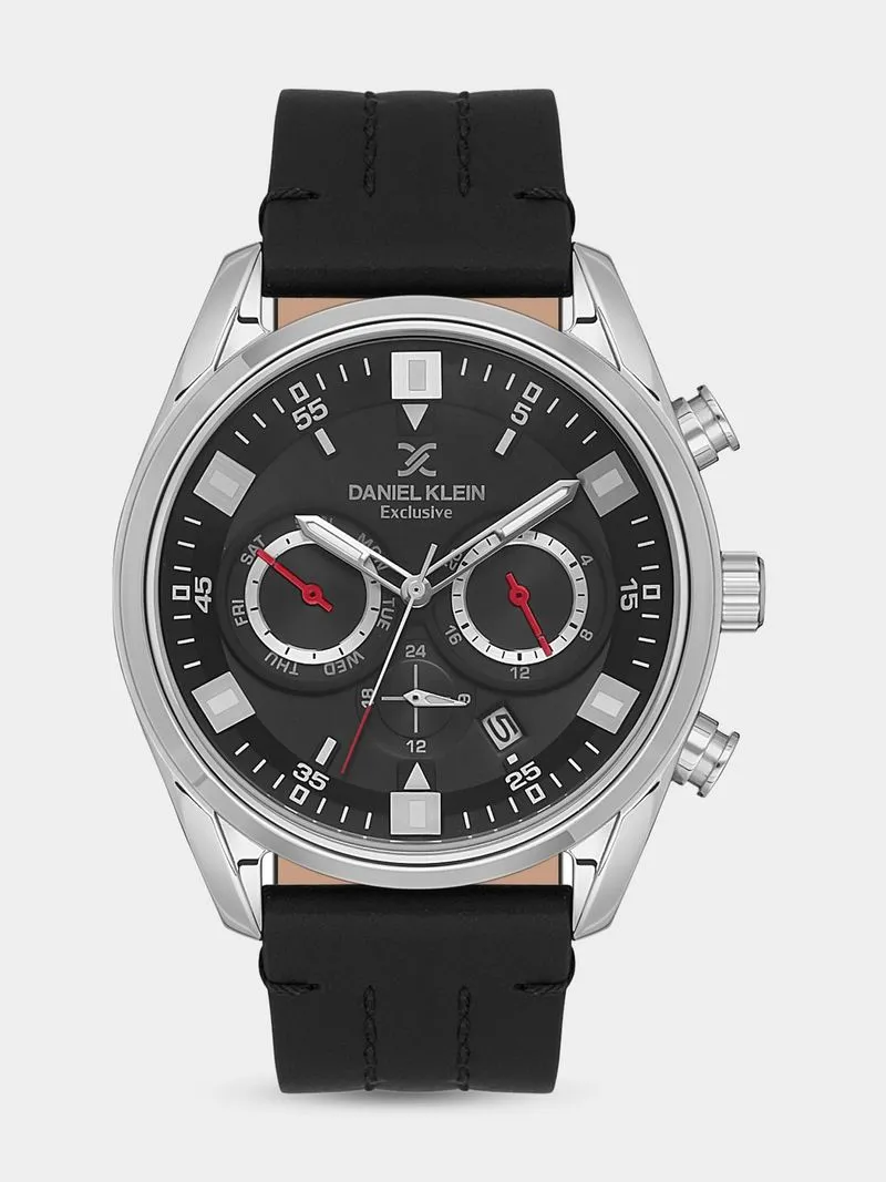 Daniel Klein Silver Plated Black Leather Chronographic Watch