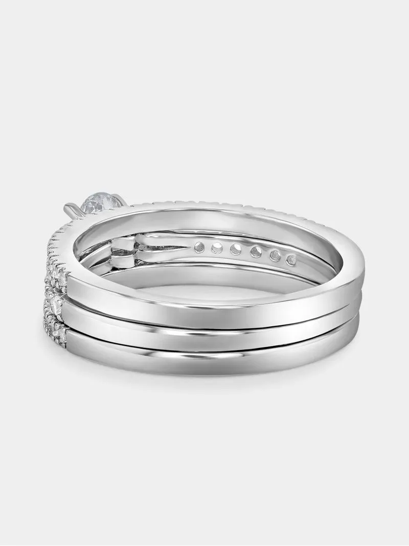 Sterling Silver Cubic Zirconia Oval Trilogy Triple Set Ring