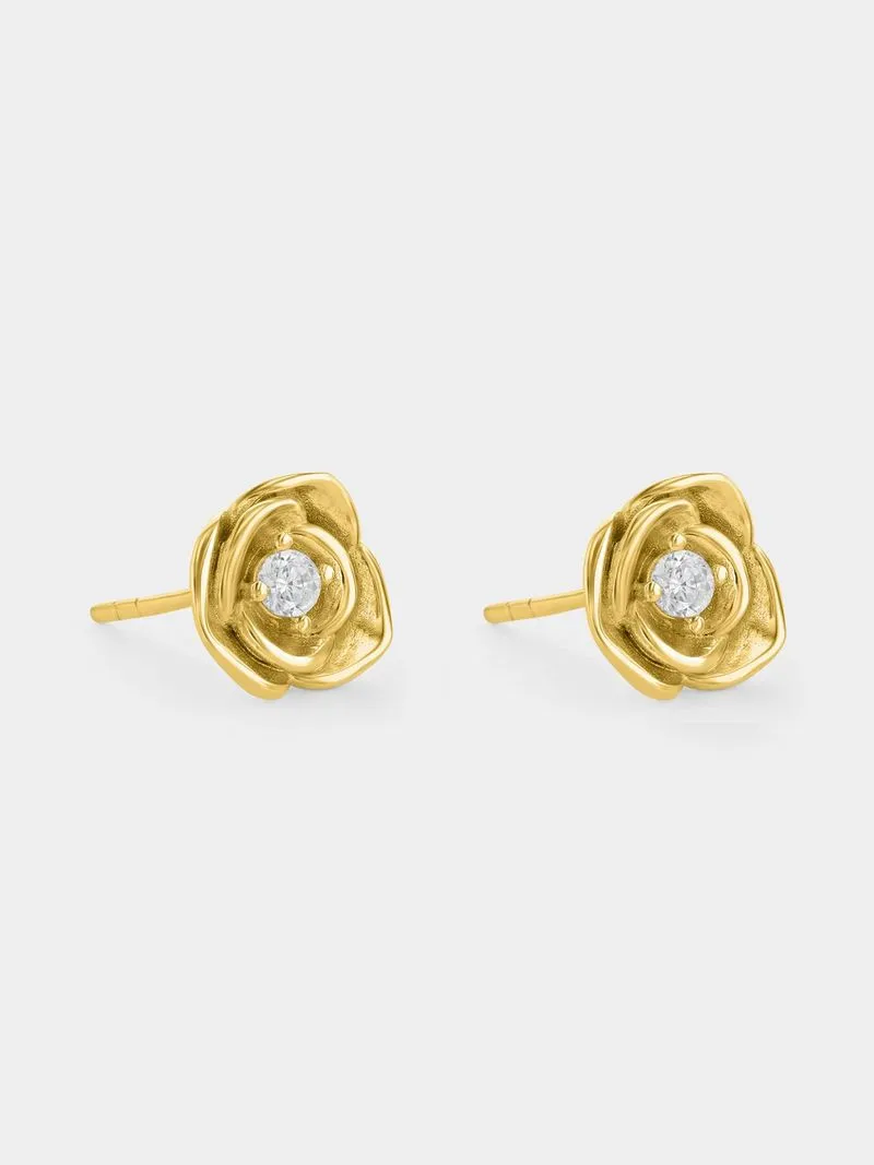 Gold Plated Sterling Silver Cubic Zirconia Solitaire Rose Studs