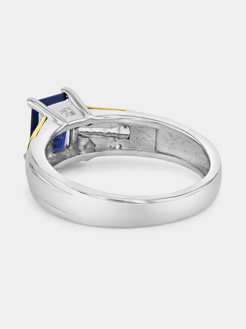 Yellow Gold & Sterling Silver Diamond & Created Blue Sapphire Rectangle Ring