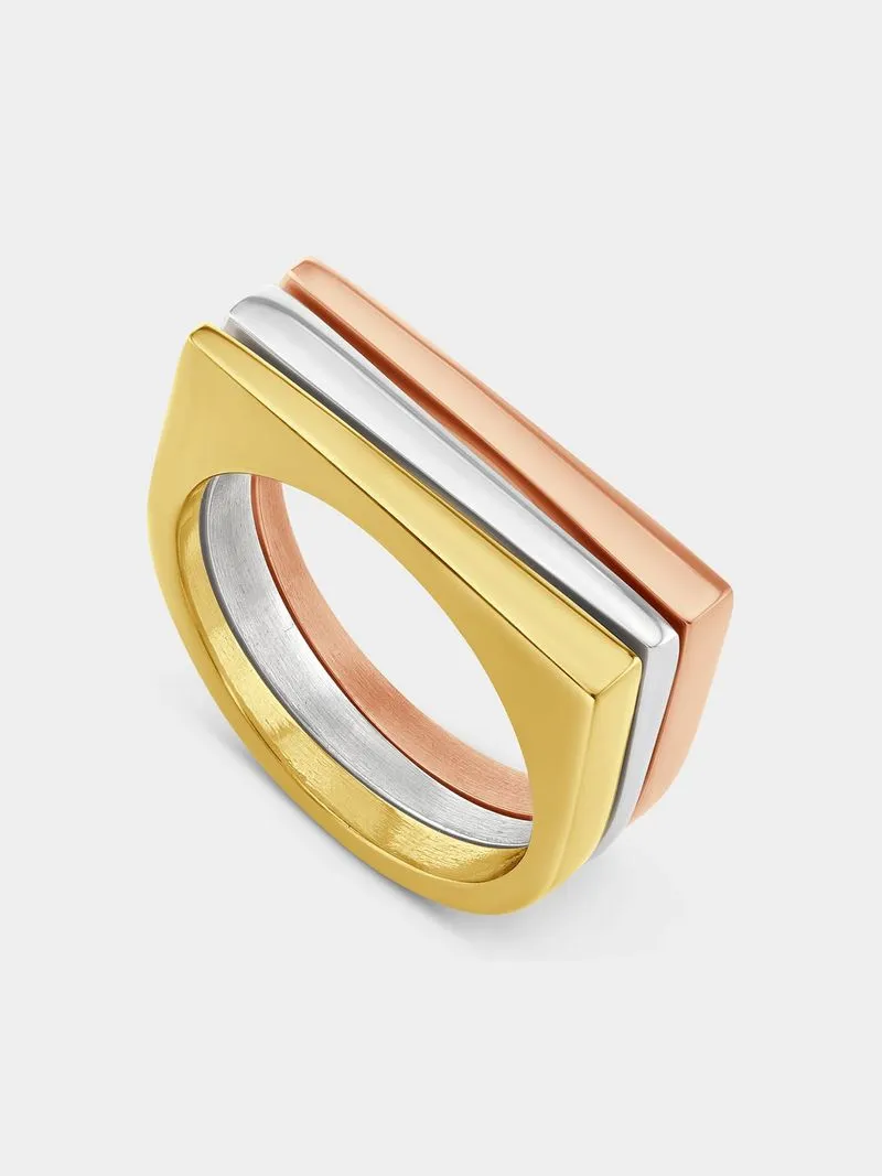 Stainless Steel Tri-Colour Plated Square Signet Triple Set Ring