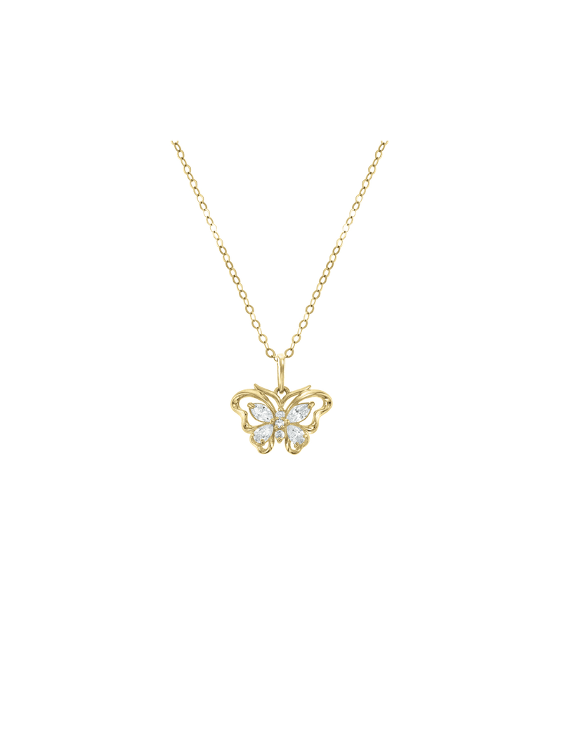 Yellow Gold and Sterling Silver, Cubic Zirconia Butterfly Pendant on Chain