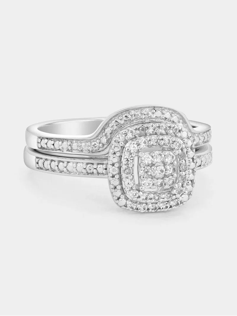 Sterling Silver Diamond & Created Sapphire Cushion Halo Swirling Twinset Ring