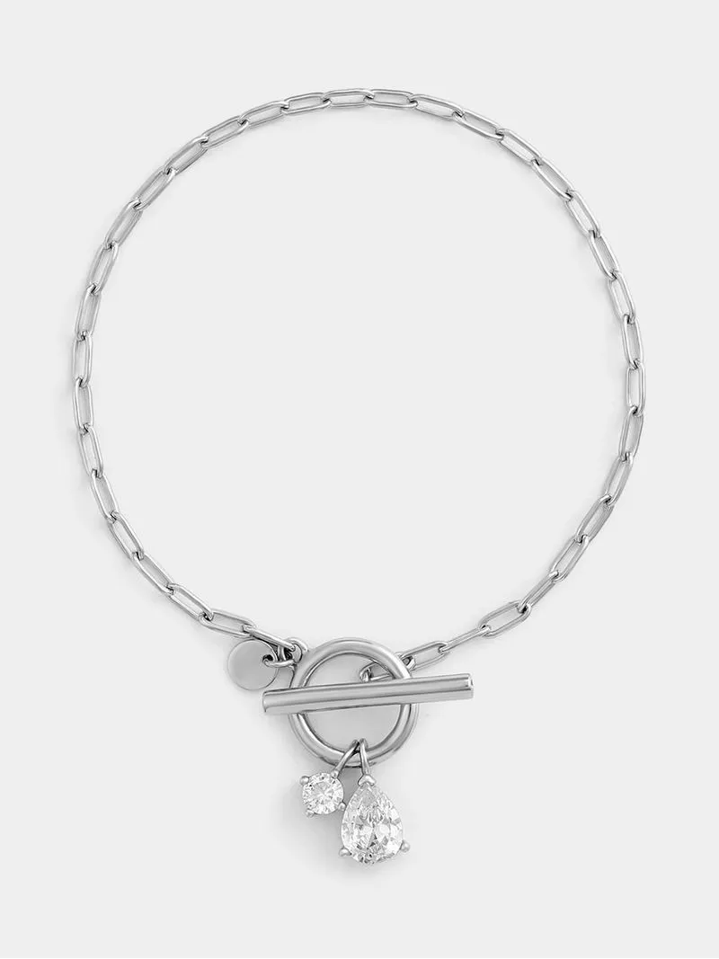 Sterling Silver Cubic Zirconia Round & Pear T-Bar Paperclip Link Bracelet