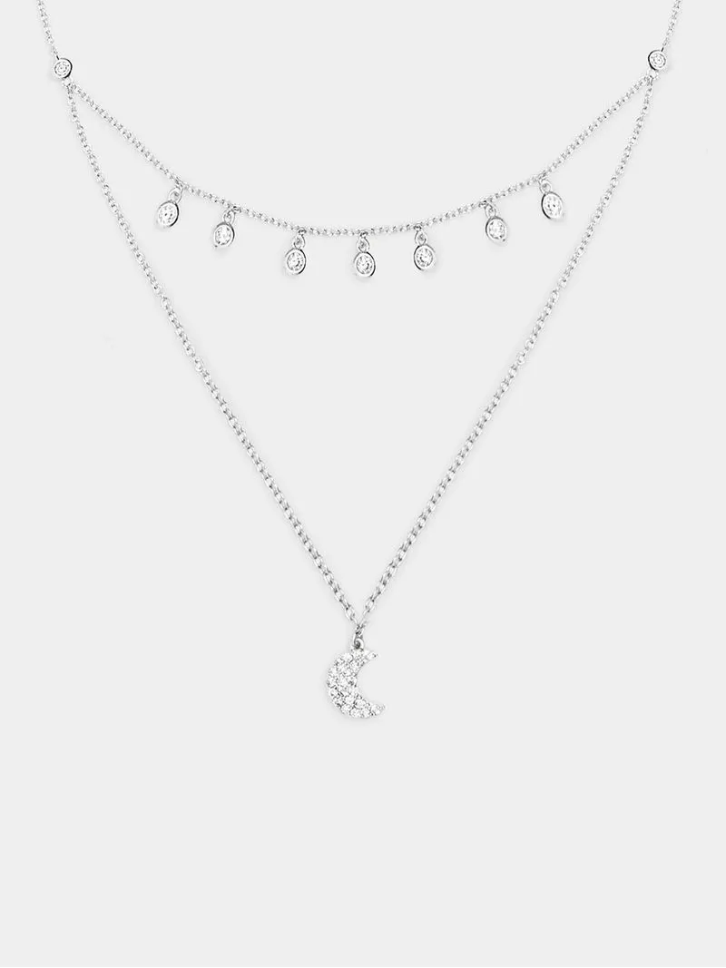 Rhodium Plated Double chain with Crescent moon pendant