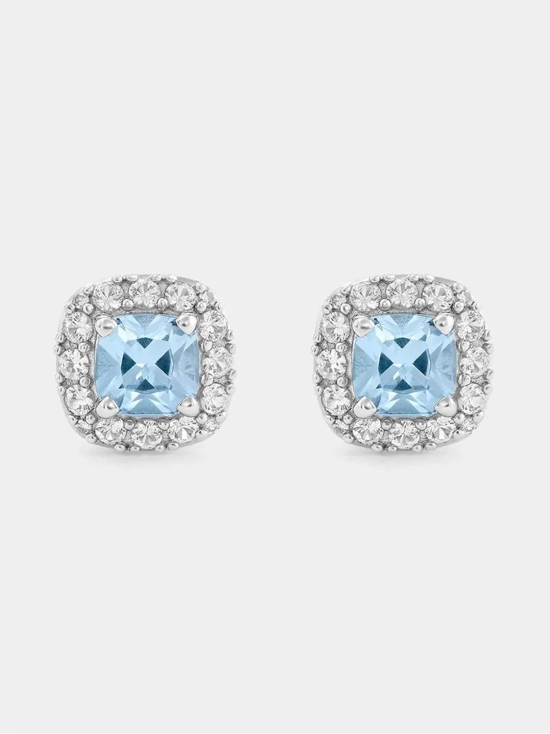 Sterling Silver Diamond & Aquamarine Cushion Halo Stud Earrings