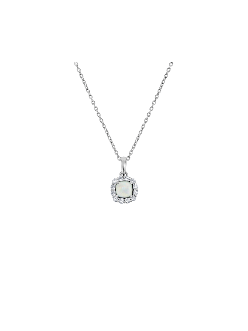 Sterling Silver Diamond & Created Opal Cushion Halo Pendant