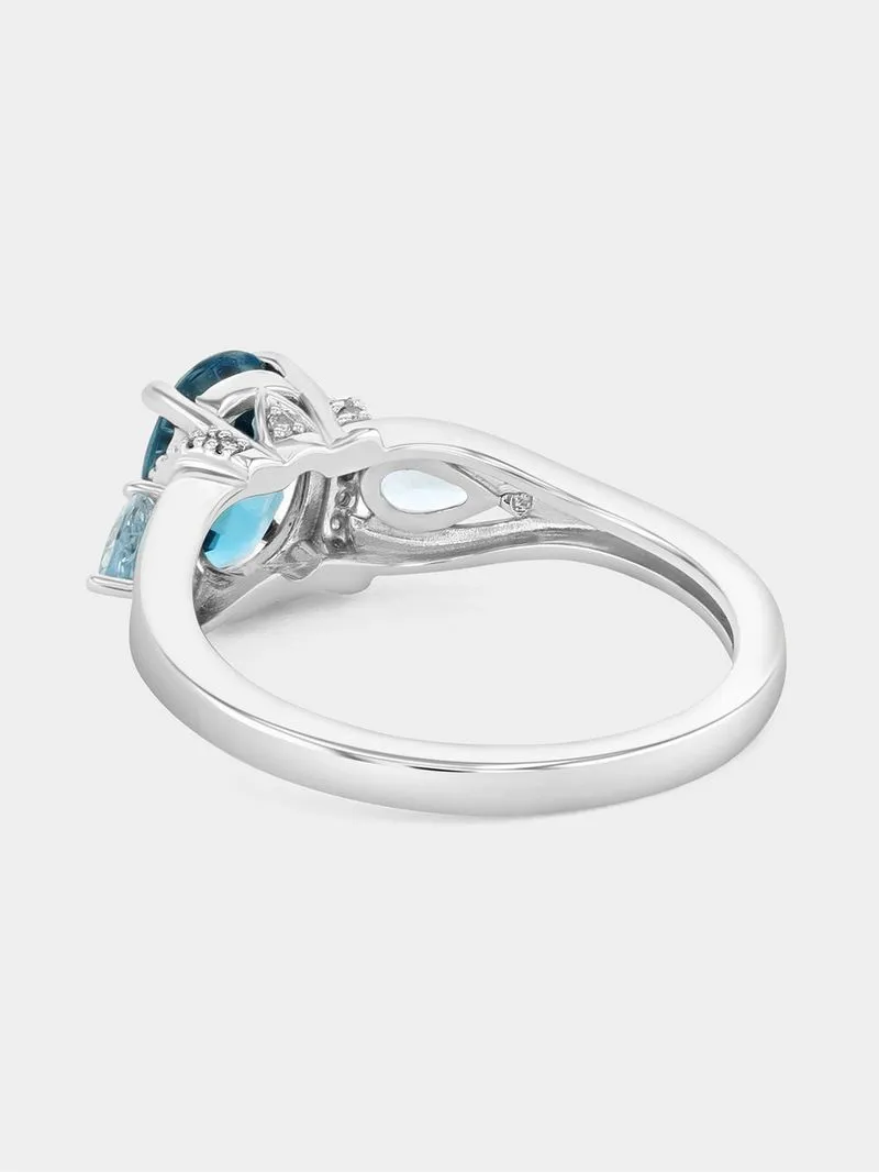 White Gold Diamond London Blue Topaz Oval Pear Embrace Ring