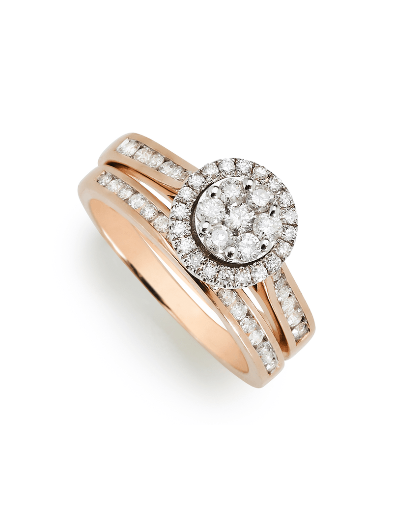 9ct Rose Gold 0.75ct Diamond Halo Ring Set