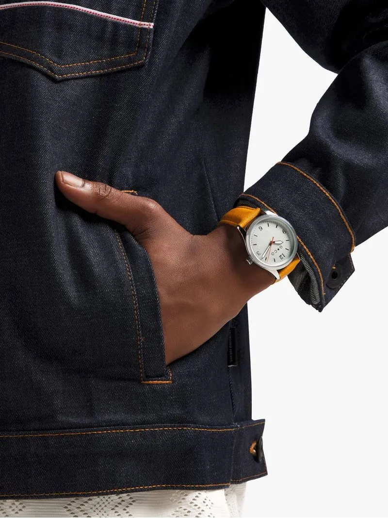 Mens Double Layer Silver with Mustard Faux Leather Strap Watch
