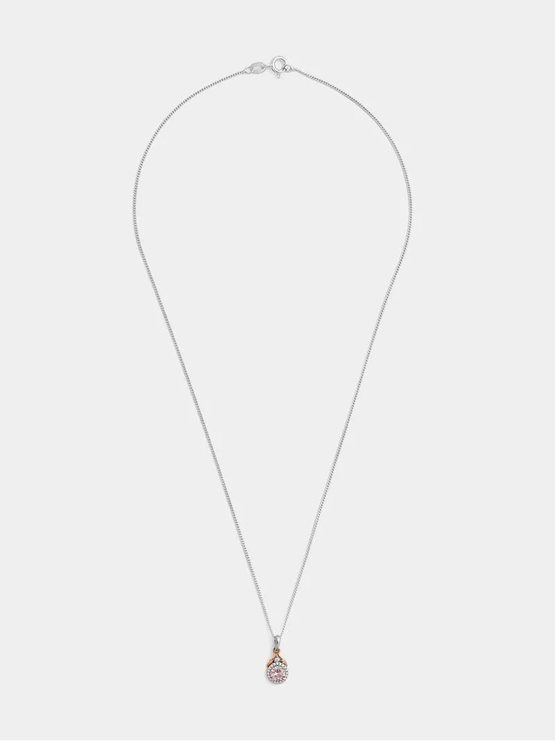 Rose Gold & Sterling Silver Pink Cubic Zirconia Wishbone Pendant on Chain