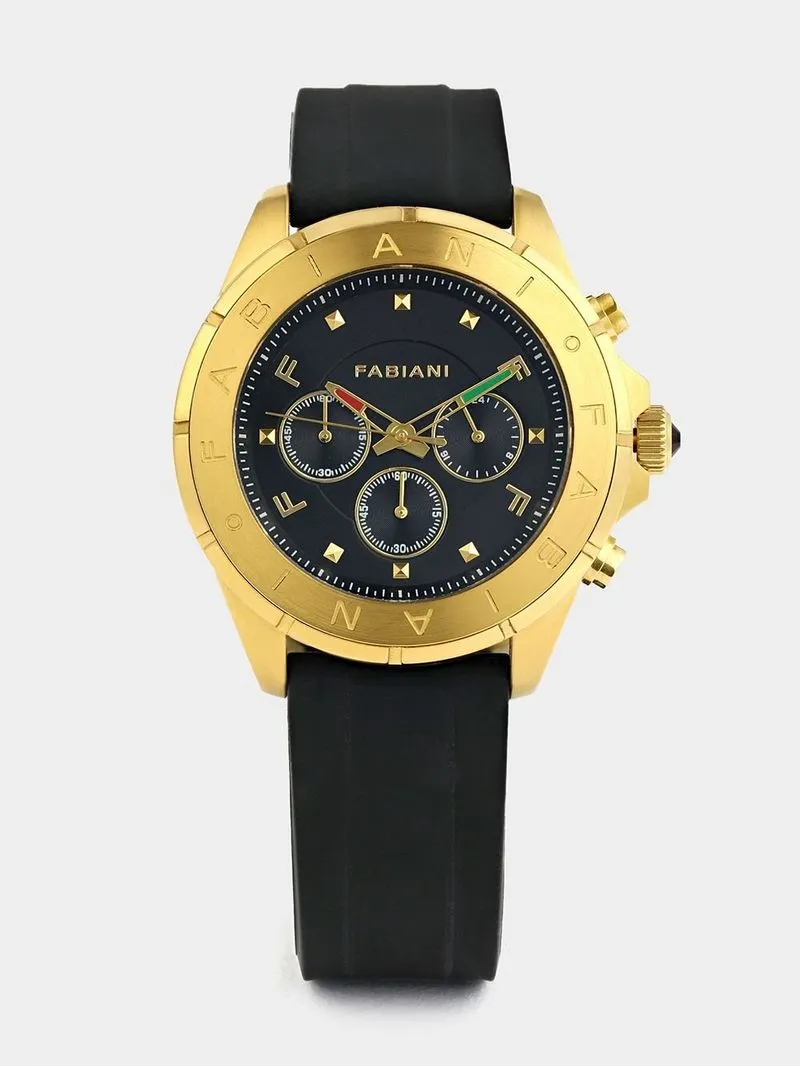 Fabiani Men’s Gold Plated Stainless Steel Multi Dial Black Silicone Watch