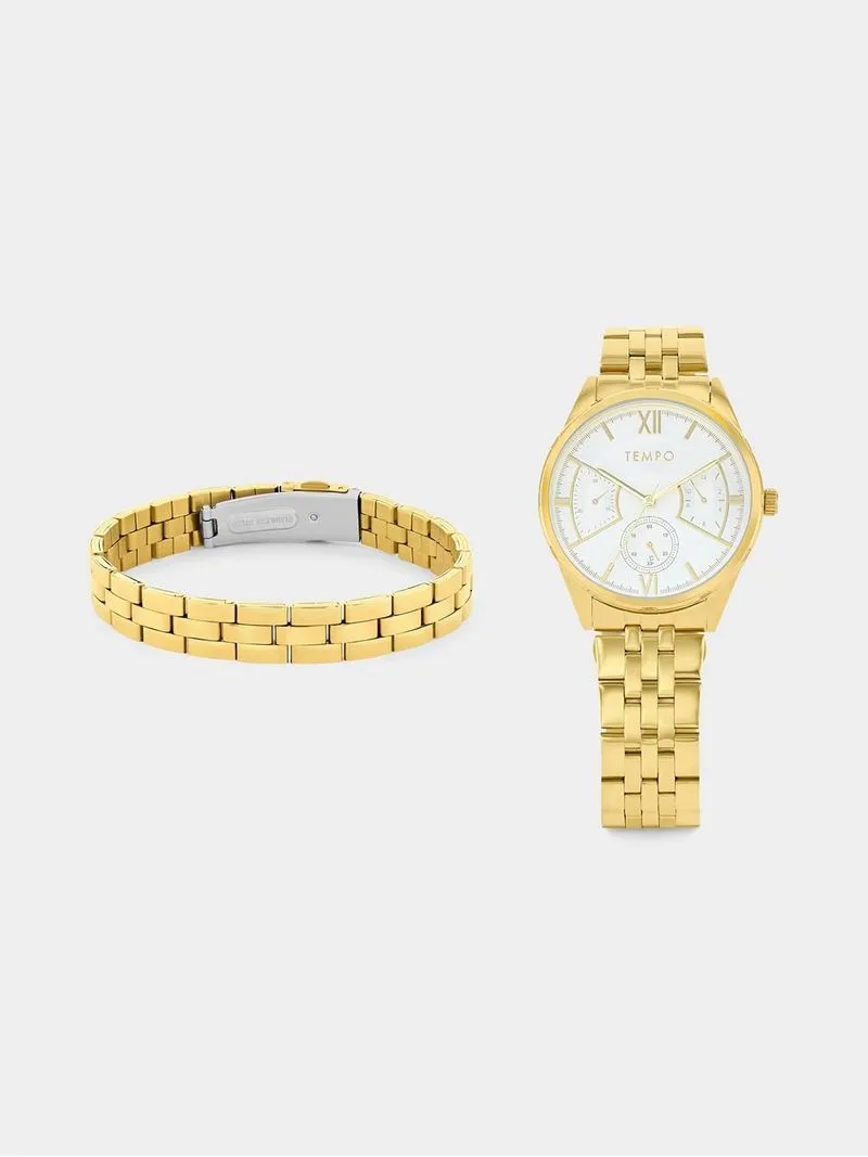 Tempo Gold Plated Silver Dial Bracelet Watch & Bracelet Set