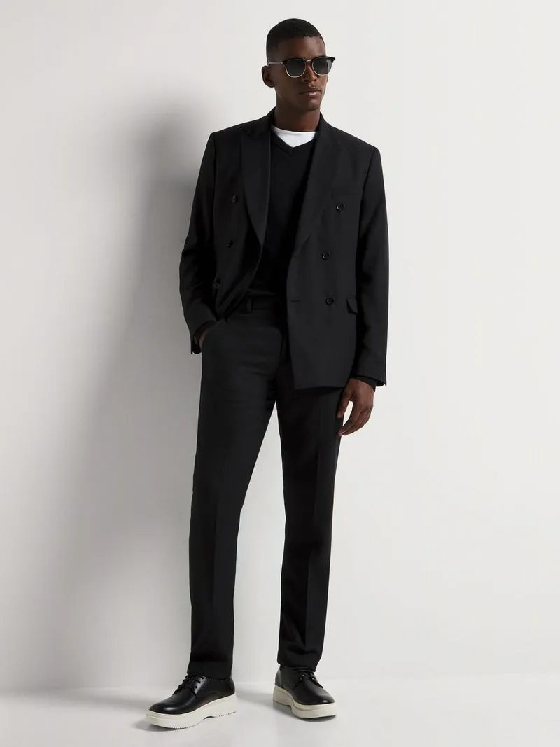 Men's Markham Slim Double Breasted Herringbone Black Suit Jacket