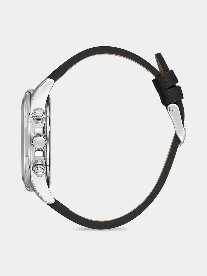 Daniel Klein Silver Plated Black Leather Chronographic Watch