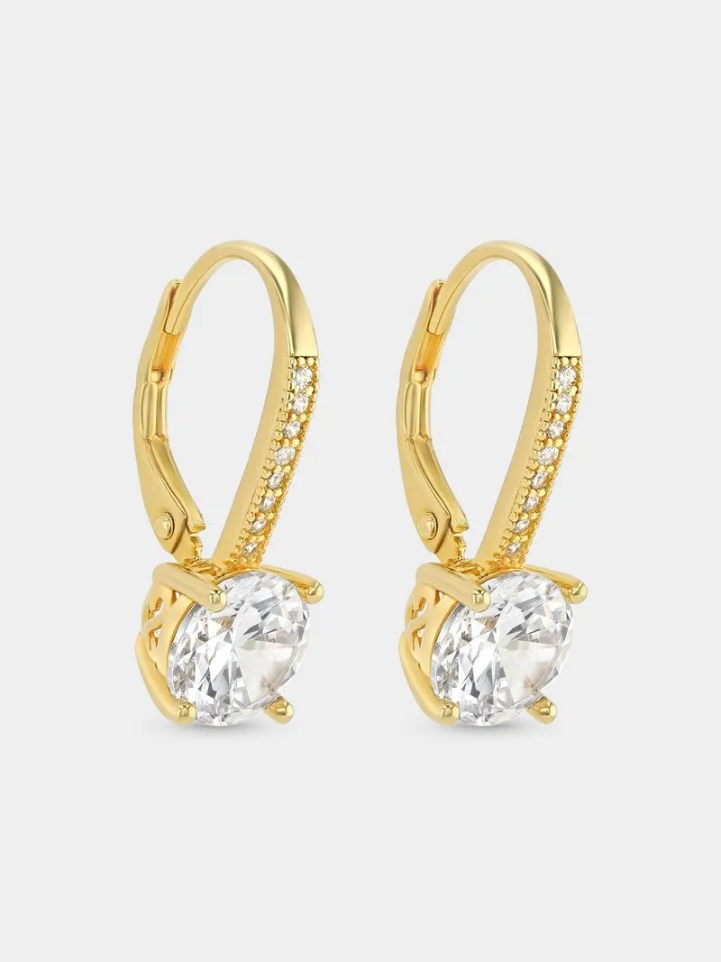 Gold Plated Sterling Silver Cubic Zirconia Round Solitaire Drop Earrings