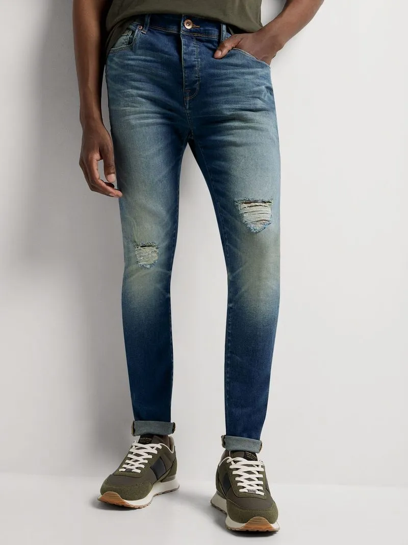 Men's Relay Jeans Super Skinny Rip and Repair Mid Blue Wash Jeans