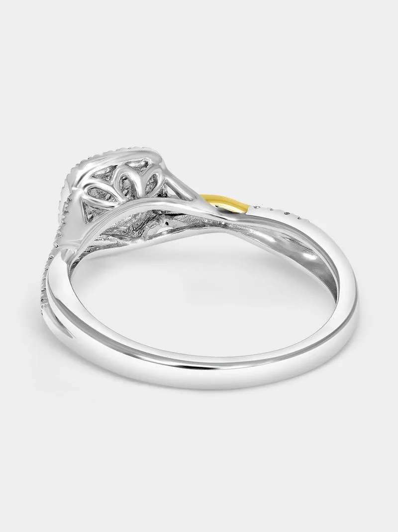 White & Yellow Gold 0.20ct Diamond Cushion Halo Twist Ring