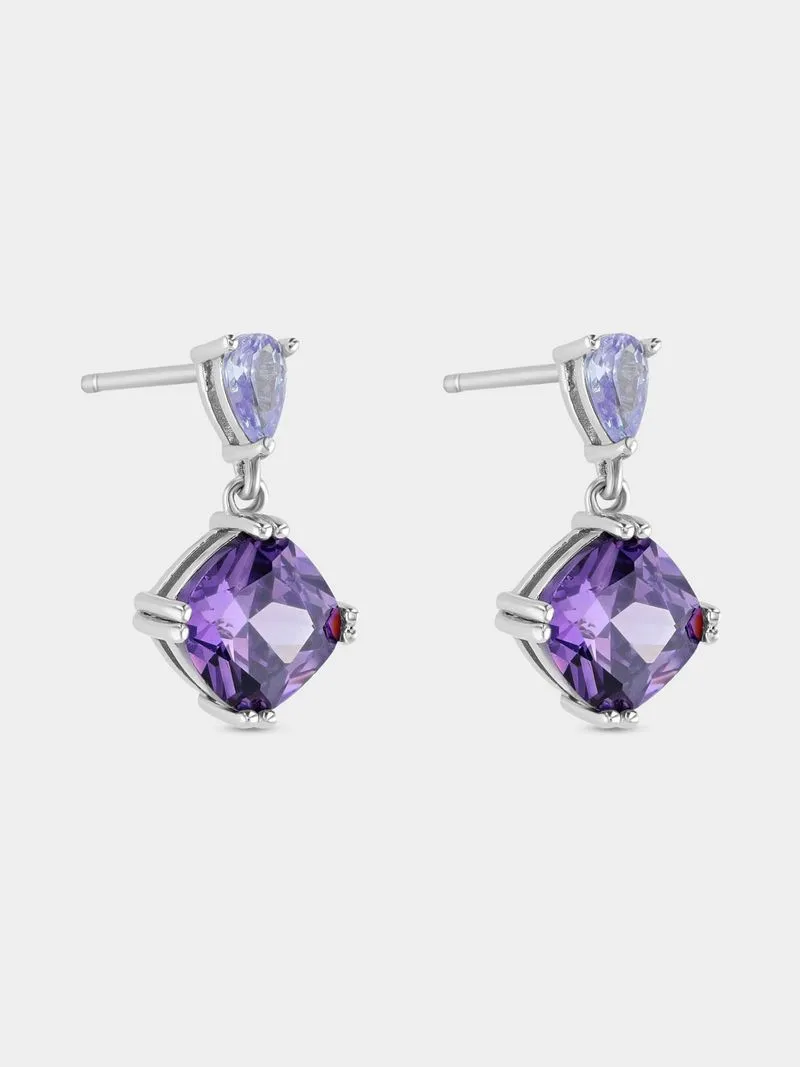 Sterling Silver Amethyst Cubic Zirconia Cushion & Pear Drop Earrings