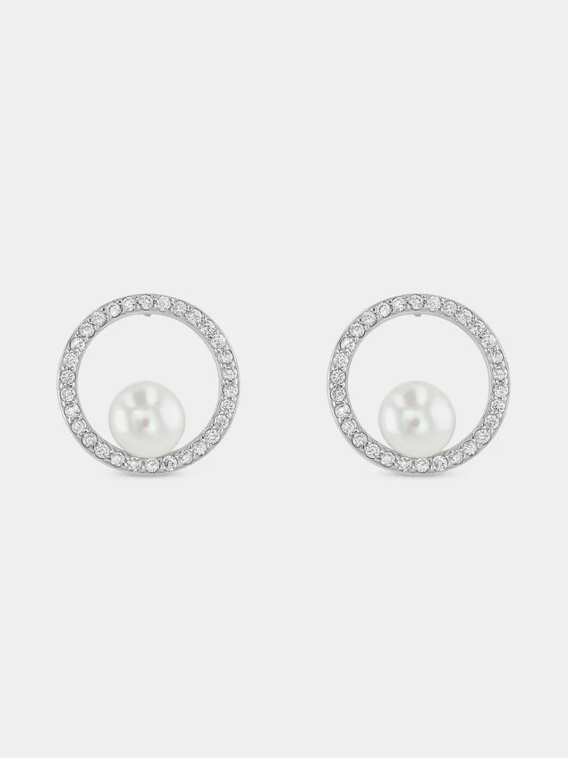 Sterling Silver Freshwater Pearl Circle Stud Earrings