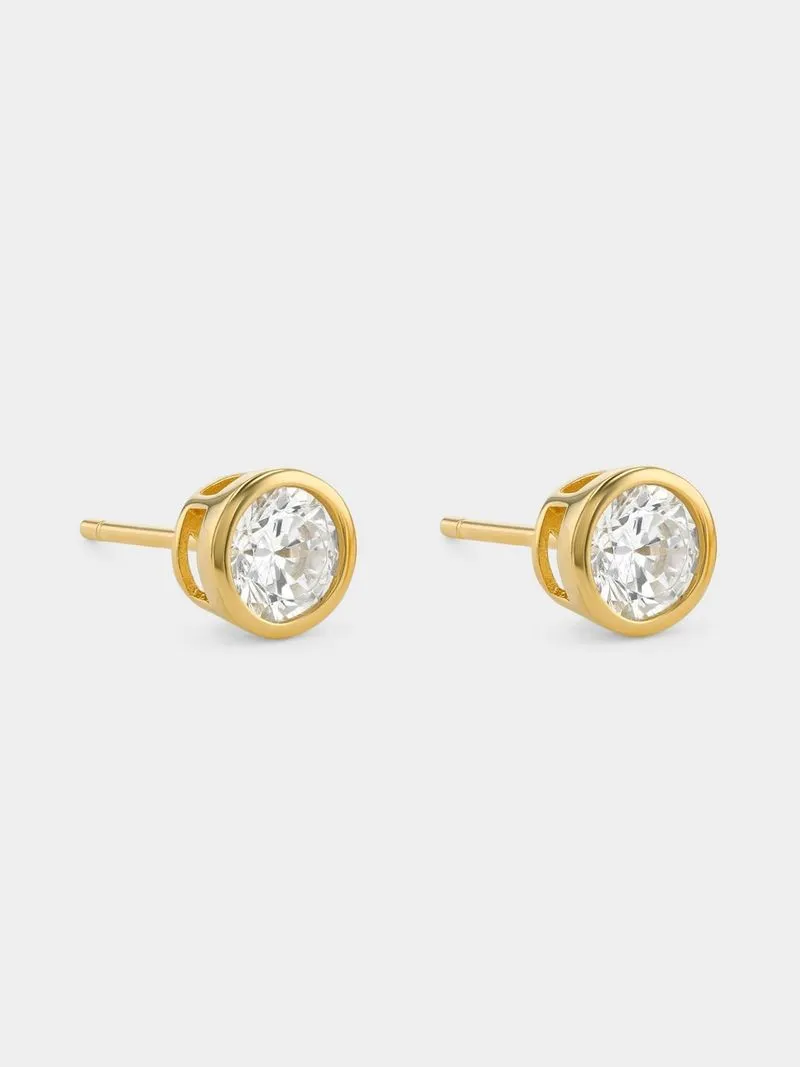 Gold Plated Sterling Silver Cubic Zirconia Round Tube Stud Earrings