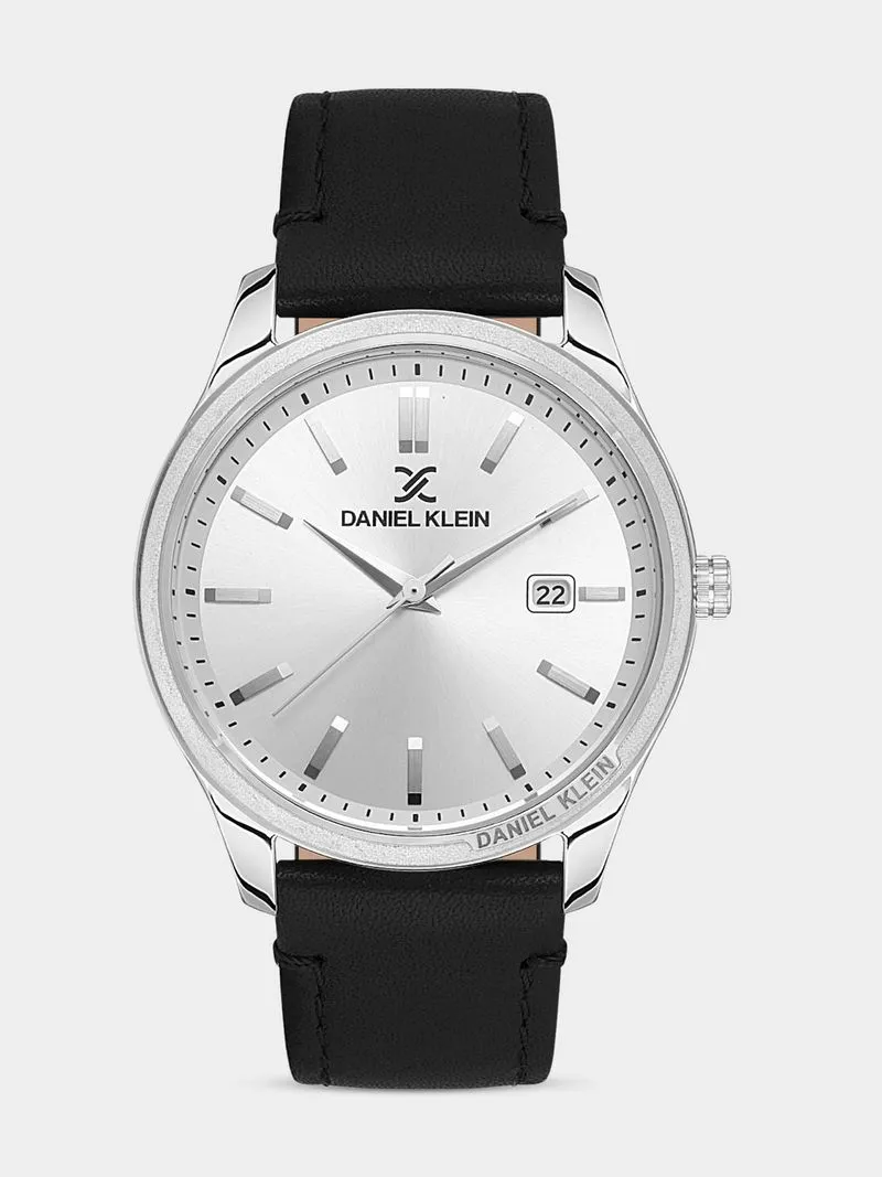 Daniel Klein Silver Plated Silver Tone Dial Black Leather Watch