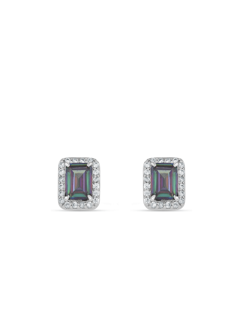 Sterling Silver Mystic Topaz Cubic Zirconia Women’s Emerald-Cut Halo Stud Earrings