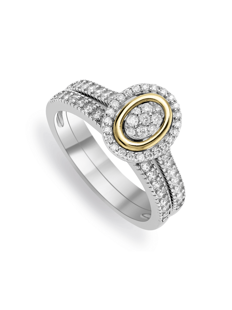 Sterling Silver and Yellow Gold Cubic Zirconia Oval Halo Twinset