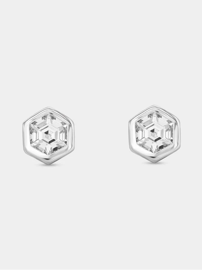 Sterling Silver Cubic Zirconia Hexagon Bezel Stud Earrings