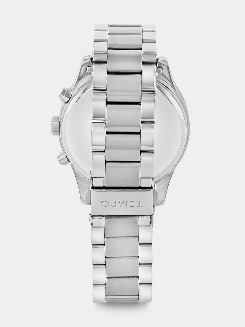 Tempo Silver Plated Black Dial Chronographic Look Bracelet Watch