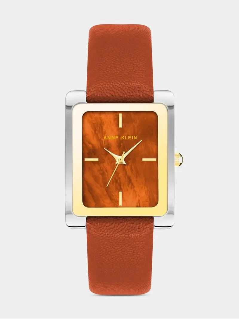 Anne Klein Silver & Gold Plated Rectangular Rust Leather Watch