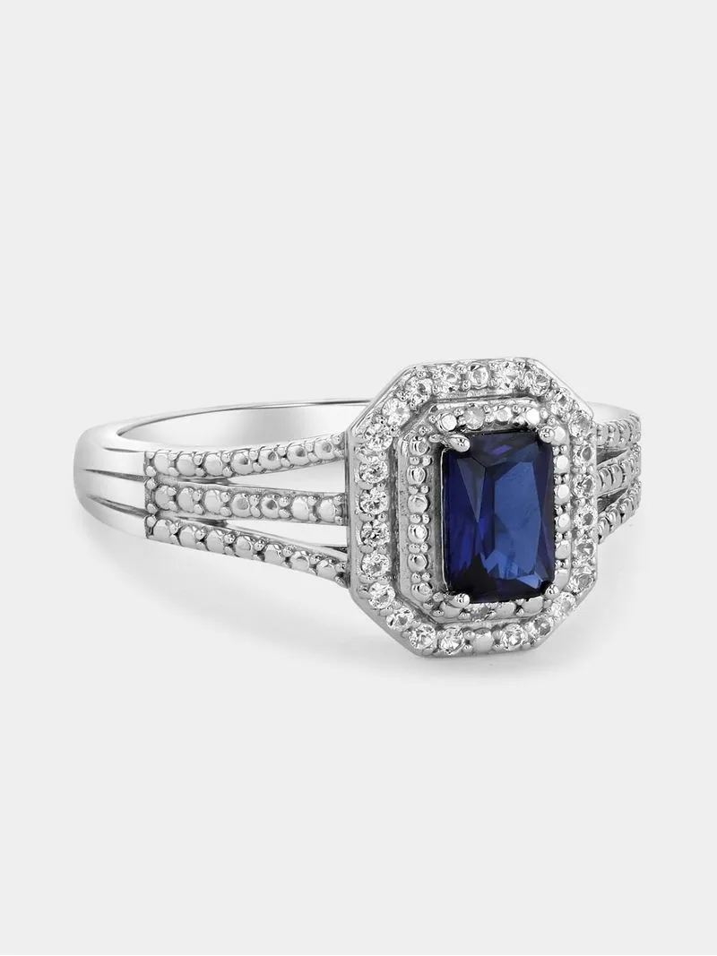Sterling Silver Diamond & Created Blue Sapphire Rectangle Halo Ring