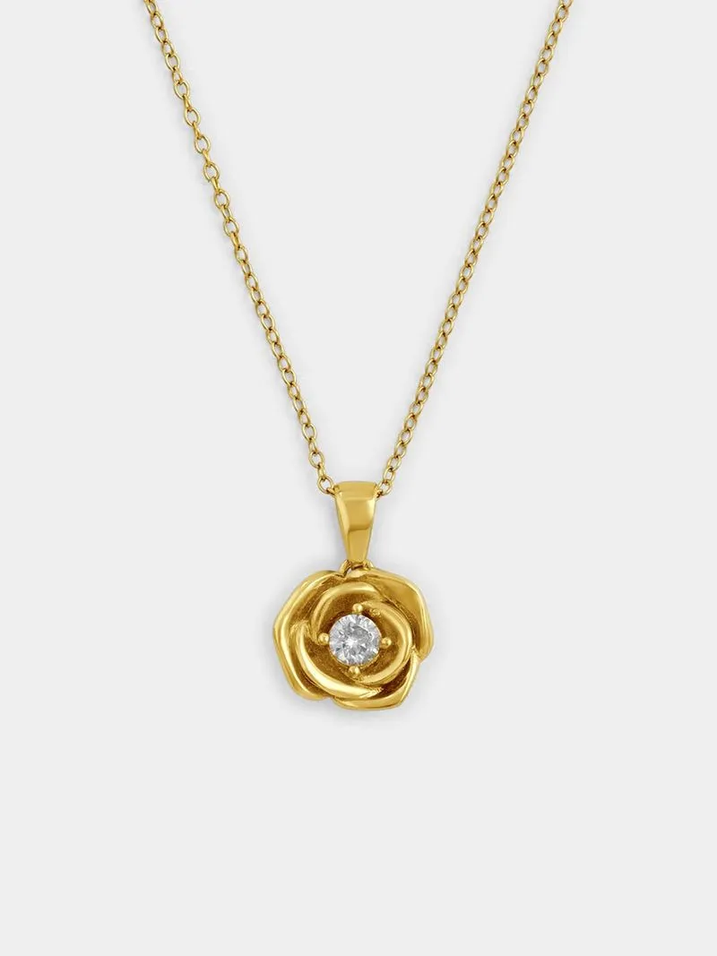 Gold Plated Sterling Silver Cubic Zirconia Solitaire Rose Pendant