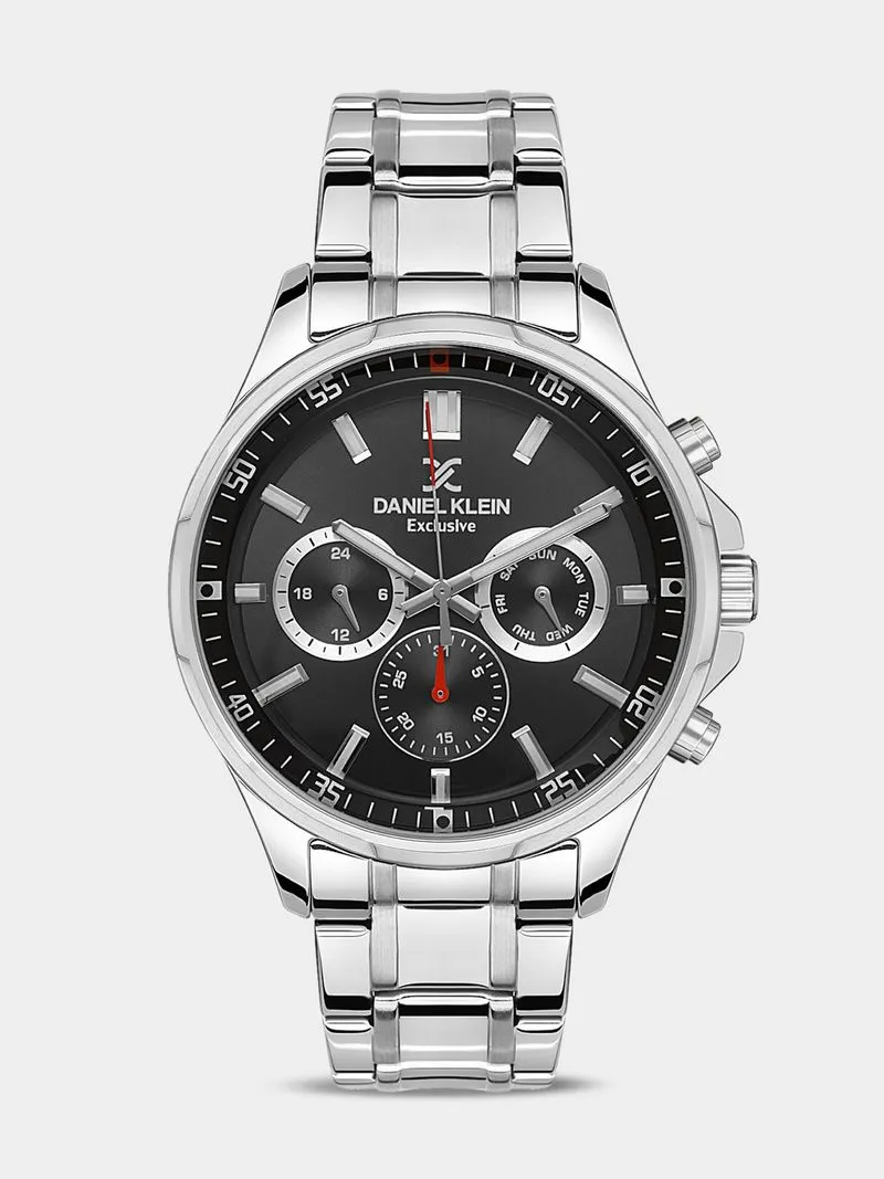 Daniel Klein Silver Plated Black Dial Chronographic Stainless Steel Bracelet Watch