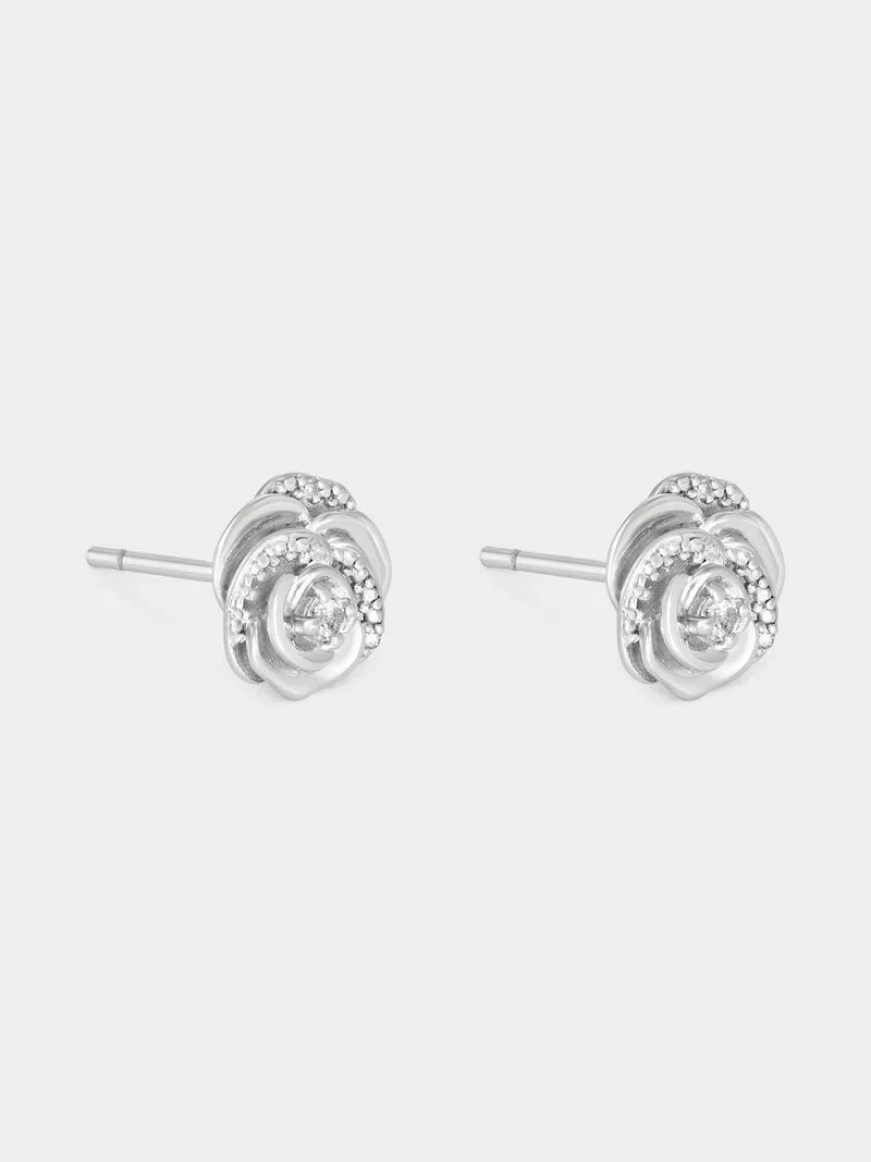 Sterling Silver Diamond & Created Sapphire Rose Stud Earrings